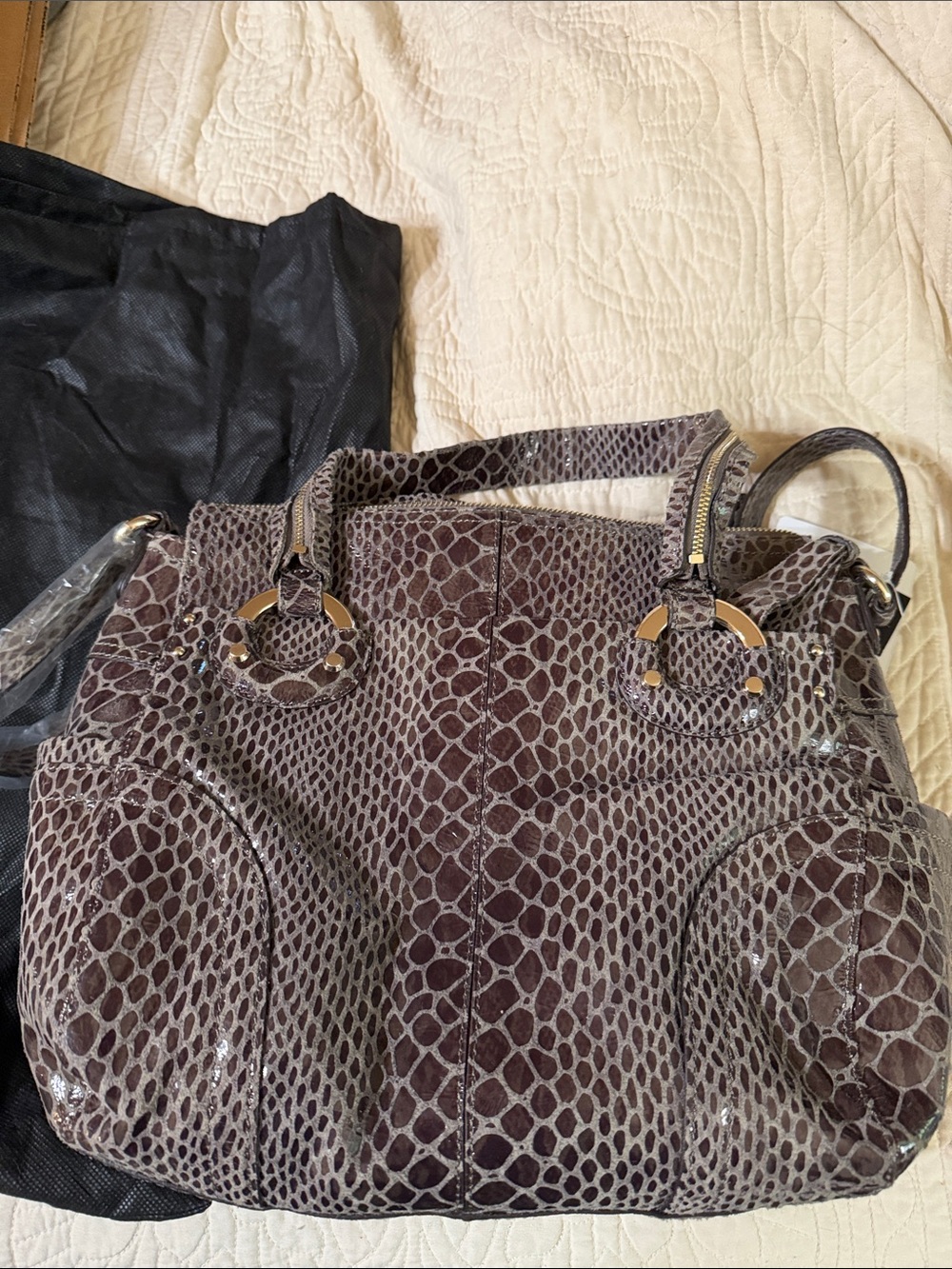 b. makowsky Gray Snake-Print Leather Margot Shopper Tote with Gold Accents
